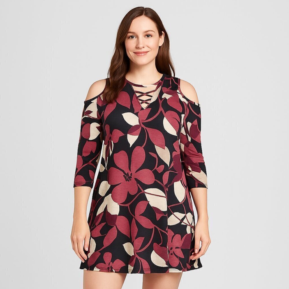 NWT Women’s Cold Shoulder Floral Dress Burgundy Beige Black Size Medium